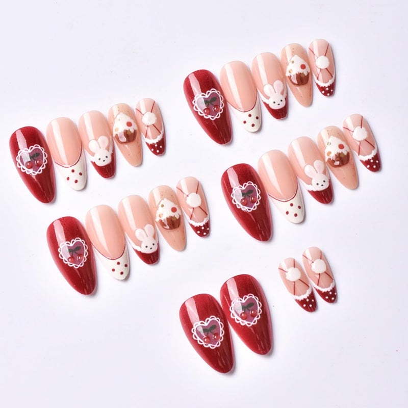 SEENEEY Christmas Almond Press on Nails Medium Fake Nails Red Artificial Nail Cherry Designs Cute Stick on Nail for Women 24pcs - Image 2
